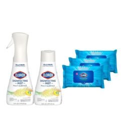 Clorox Cleaning Bundle Disinfecting Mist Lemon & Orange Blossom Scent (1 Spray Bottle & 1 Refill. 16 Fl Oz Each) Disinfecting Wipes. Moisture Seal Lid Fresh Scent (3-Pack. 75ct Each)